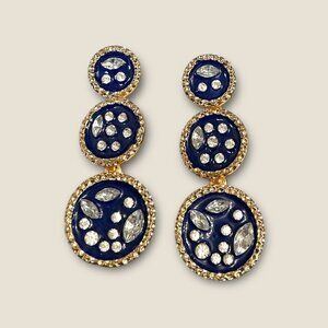 Gold-Tone Dangling Earrings With Textured & Blue Crystal Accents Statement Jewel